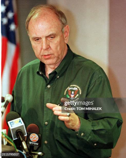 George Black, an investigator with the National Transportation Safety Board, answers a reporter's question during a press briefing 22 May in...