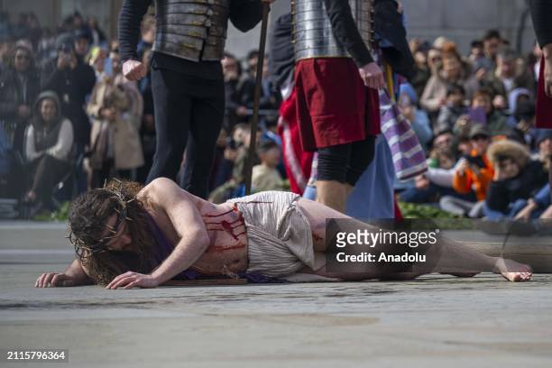 People attend the Good Friday celebrations held at Trafalgar Square in London, United Kingdom on March 29, 2024. Good Friday is the day commemorating...