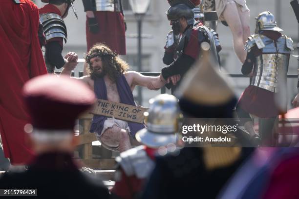 People attend the Good Friday celebrations held at Trafalgar Square in London, United Kingdom on March 29, 2024. Good Friday is the day commemorating...