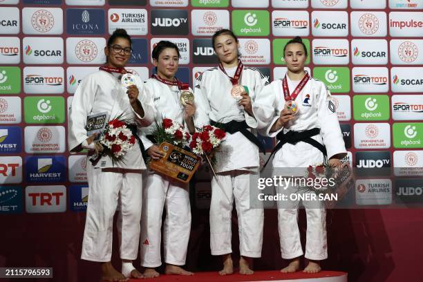 Silver medalist Jessicaa Lima of Brazil, gold medalist Christa Deguchi of Canada, bronze medalists Mayssa Parrdayeva of Tajikistan and Faiza Mokdar...