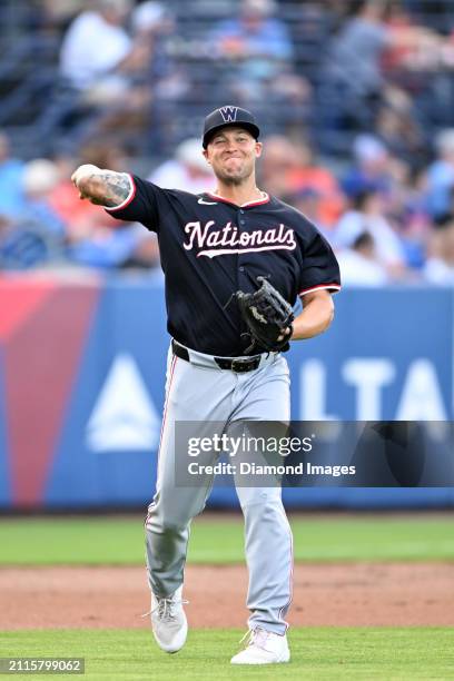 Nick Senzel of the Washington Nationals warms up during the first inning of a spring training game against the New York Mets at Clover Park on March...