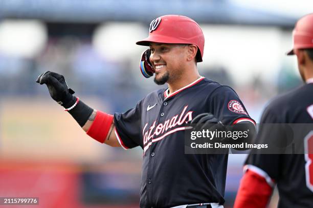 Ildemaro Vargas of the Washington Nationals celebrates hitting a single during the second inning of a spring training game against the New York Mets...