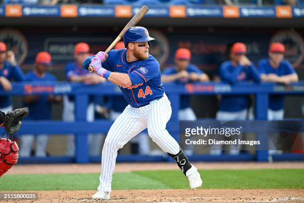 Harrison Bader of the New York Mets bats during the second inning of a spring training game against the Washington Nationals at Clover Park on March...