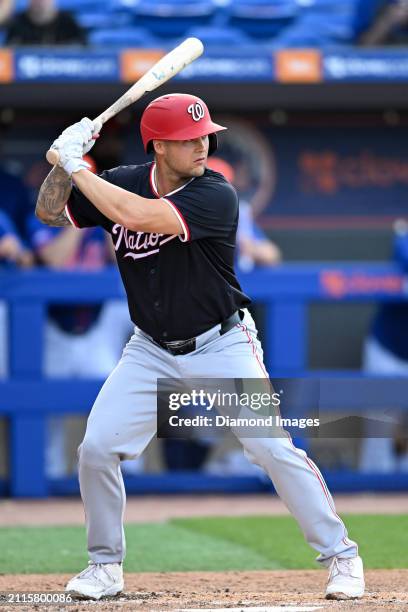 Nick Senzel of the Washington Nationals bats during the second inning of a spring training game against the New York Mets at Clover Park on March 15,...