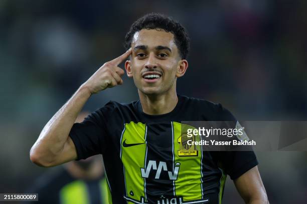 Ahmed Alghamdi of Al Ittihad celebrates after scoring the 2nd goal during the Saudi Pro League match between Al-Ittihad and Al Fayha at Prince...