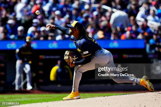 Freddy Peralta of the Milwaukee Brewers pitches during the game between the Milwaukee Brewers and the New York Mets at Citi Field on Friday, March...
