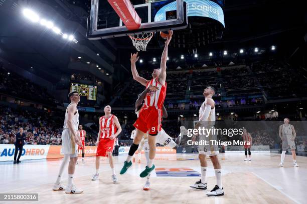 Luka Mitrovic, #9 of Crvena Zvezda Meridianbet Belgrade shoots the ball against Eli Ndiaye, #30 of Real Madrid during the Turkish Airlines EuroLeague...