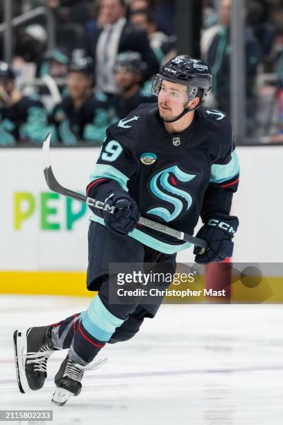 Logan Morrison of the Seattle Kraken skates against the Anaheim Ducks during the third period of a game at Climate Pledge Arena on March 28, 2024 in...