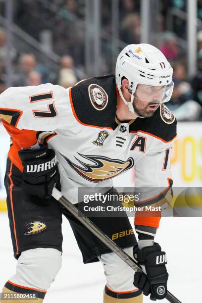 Alex Killorn of the Anaheim Ducks looks on during the second period of a game against the Seattle Kraken at Climate Pledge Arena on March 28, 2024 in...