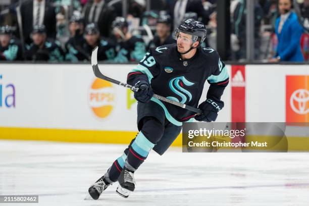 Logan Morrison of the Seattle Kraken skates against the Anaheim Ducks during the third period of a game at Climate Pledge Arena on March 28, 2024 in...