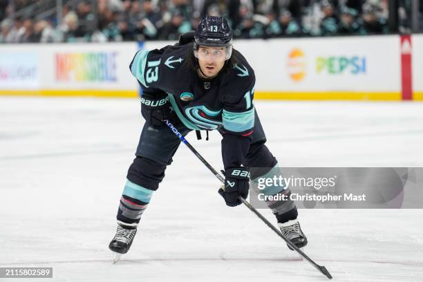 Brandon Tanev of the Seattle Kraken looks on during the third period of a game against the Anaheim Ducks at Climate Pledge Arena on March 28, 2024 in...