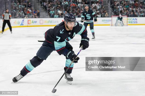 Jordan Eberle of the Seattle Kraken attacks with the puck during the third period of a game against the Anaheim Ducks at Climate Pledge Arena on...