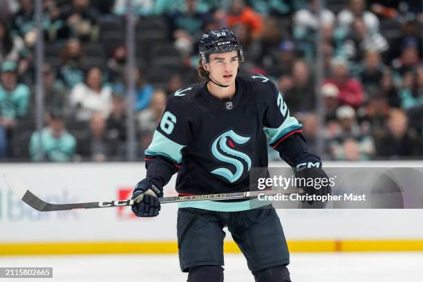 Ryan Winterton of the Seattle Kraken skates during the third period of a game against the Anaheim Ducks at Climate Pledge Arena on March 28, 2024 in...