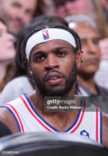 Buddy Hield of the Philadelphia 76ers looks on during the game against the Sacramento Kings on March 25, 2024 at Golden 1 Center in Sacramento,...