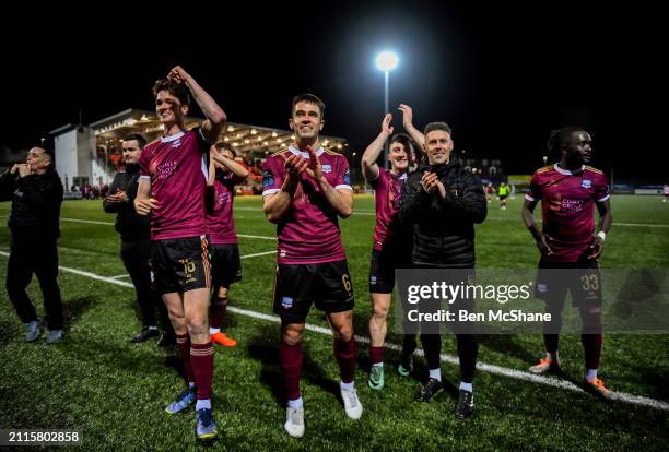 Northern Ireland , United Kingdom - 29 March 2024; Galway United players and staff, from left, Patrick Hickey, Maurice Nugent, Edward McCarthy,...