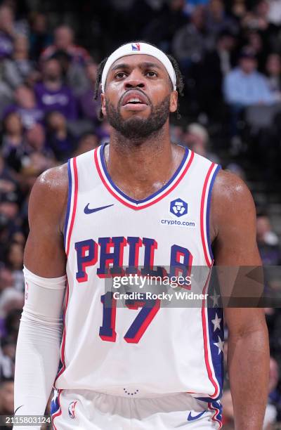 Buddy Hield of the Philadelphia 76ers looks on during the game against the Sacramento Kings on March 25, 2024 at Golden 1 Center in Sacramento,...