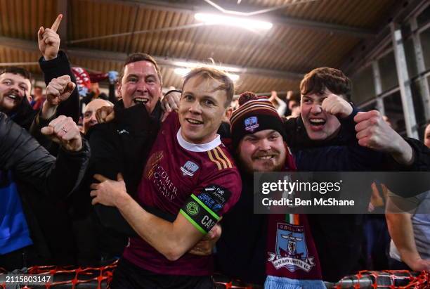 Northern Ireland , United Kingdom - 29 March 2024; Galway United captain Conor McCormack celebrates with the Galway United supporters after their...