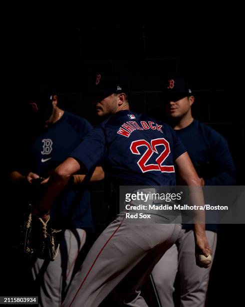 Garrett Whitlock of the Boston Red Sox throws in the bullpen before a game against the Seattle Mariners at T-Mobile Park on March 29, 2024 in...
