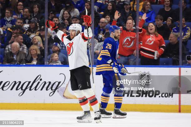 Max Willman of the New Jersey Devils celebrates his first period goal against the Buffalo Sabres during an NHL game on March 29, 2024 at KeyBank...