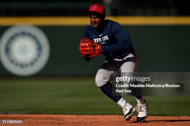 Pablo Reyes of the Boston Red Sox warms up before a game against the Seattle Mariners at T-Mobile Park on March 29, 2024 in Seattle, Washington.