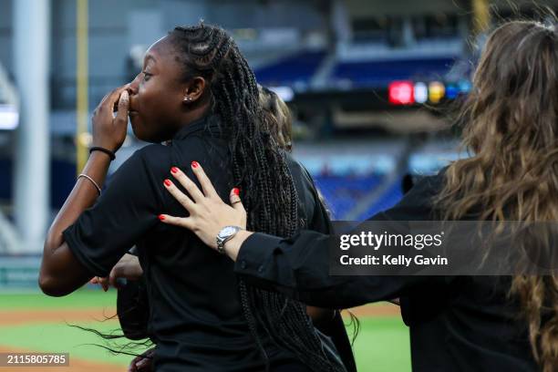 Miami Marlins host a military surprise, as Krystle Mills surprises her daughter Ariel Haynes at loanDepot park during a game against the Pittsburgh...