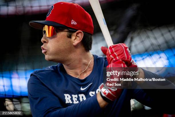 Triston Casas of the Boston Red Sox takes batting practice before a game against the Seattle Mariners at T-Mobile Park on March 29, 2024 in Seattle,...