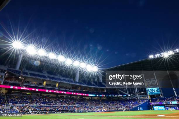 General view of loanDepot park with the roof open during the third inning of the game between the Pittsburgh Pirates and the Miami Marlins on March...