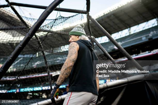 Jarren Duran of the Boston Red Sox reacts during batting practice before a game against the Seattle Mariners at T-Mobile Park on March 29, 2024 in...