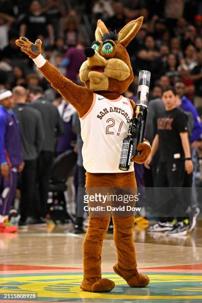 Mascot The Coyote of the San Antonio Spurs looks on during the game against the Phoenix Suns on March 25, 2024 at the AT&T Center in San Antonio,...