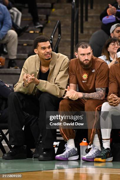 Victor Wembanyama of the San Antonio Spurs smiles during the game against the Phoenix Suns on March 25, 2024 at the AT&T Center in San Antonio,...