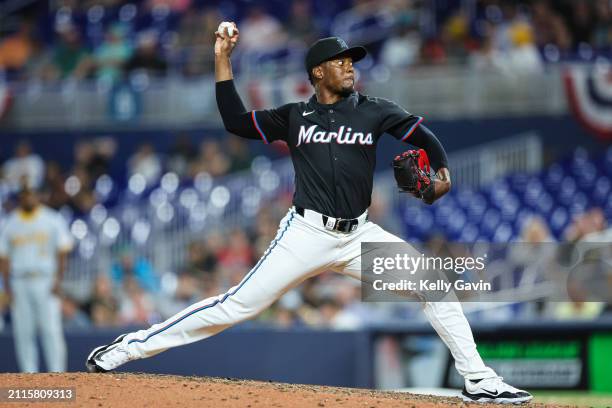 George Soriano of the Miami Marlins delivers a pitch in the ninth inning against the Pittsburgh Pirates at loanDepot park on March 29, 2024 in Miami,...