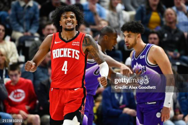 Jalen Green of the Houston Rockets reacts to after being fouled during the second half of a game against the Utah Jazz at Delta Center on March 29,...