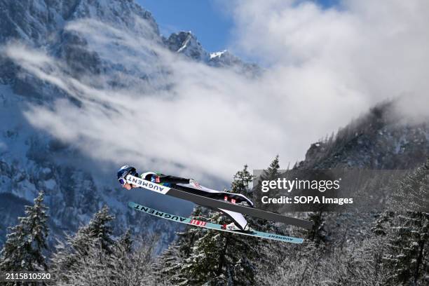 Daniel Tschofenig of Austria in action during the Men's Ski Flying Hill HS240 Team of the FIS Ski Jumping World Cup Final.