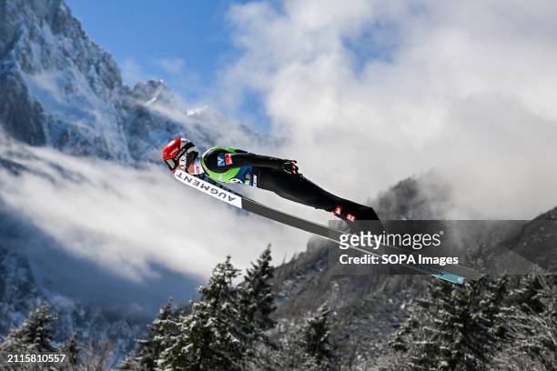 Manuel Fettner of Austria in action during the Men's Ski Flying Hill HS240 Team of the FIS Ski Jumping World Cup Final.