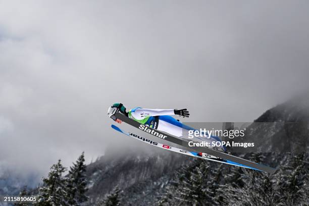 Peter Prevc of Slovenia in action during the Men's Ski Flying Hill HS240 Team of the FIS Ski Jumping World Cup Final.