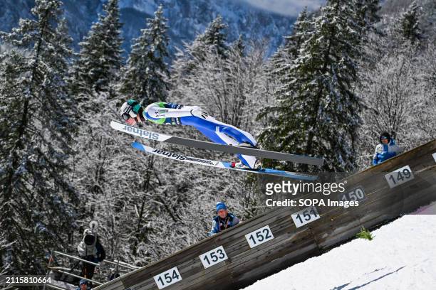 Domen Prevc of Slovenia in action during the Men's Ski Flying Hill HS240 Team of the FIS Ski Jumping World Cup Final.