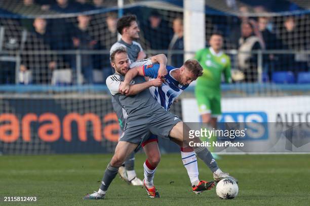 Nicky Featherstone of Hartlepool United is battling with Max Wright from Halifax Town during the Vanarama National League match between Hartlepool...