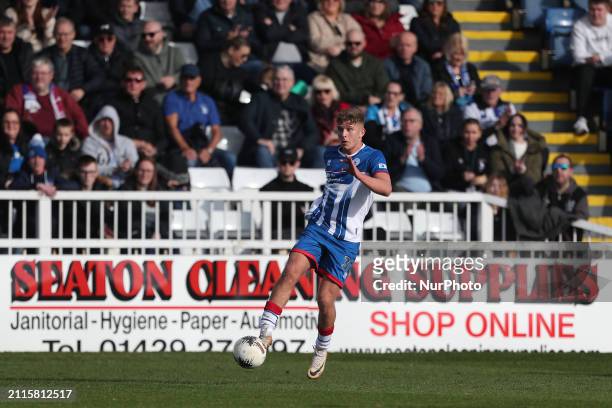 Louis Stephenson of Hartlepool United is playing in the Vanarama National League match between Hartlepool United and FC Halifax Town at Victoria Park...