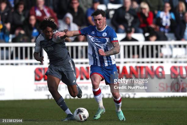 Callum Cooke of Hartlepool United is battling with Kane Thompson-Sommers of Halifax Town during the Vanarama National League match between Hartlepool...