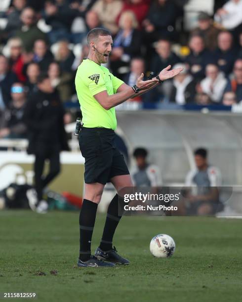 Match referee Jamie O'Connor is officiating the Vanarama National League match between Hartlepool United and FC Halifax Town at Victoria Park in...