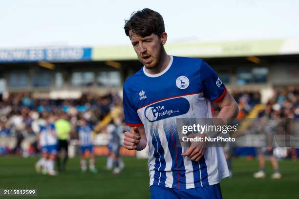 Tom Crawford of Hartlepool United is playing during the Vanarama National League match between Hartlepool United and FC Halifax Town at Victoria Park...