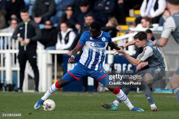 Mani Dieseruvwe of Hartlepool United is battling for possession against Adam Senior of Halifax Town during the Vanarama National League match at...