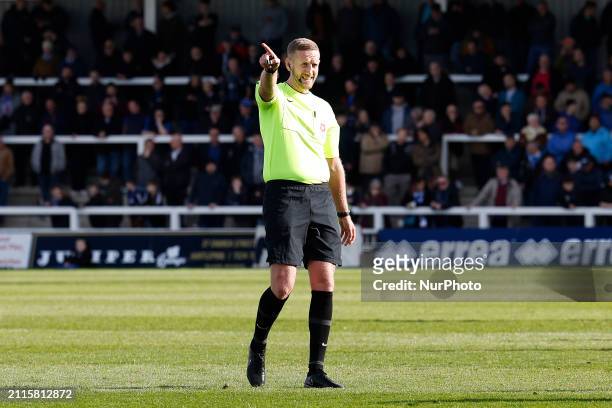 Match referee Jamie O'Connor is officiating the Vanarama National League match between Hartlepool United and FC Halifax Town at Victoria Park in...