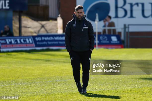 Kevin Phillips, the manager of Hartlepool United, is watching the Vanarama National League match between Hartlepool United and FC Halifax Town at...