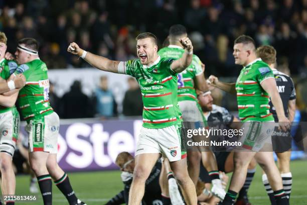 Handre Pollard of the Leicester Tigers is celebrating after his side's narrow win in the Gallagher Premiership match between the Newcastle Falcons...