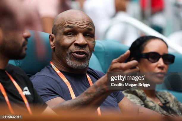 Boxer Mike Tyson attends the Miami Open at Hard Rock Stadium on March 26, 2024 in Miami Gardens, Florida.