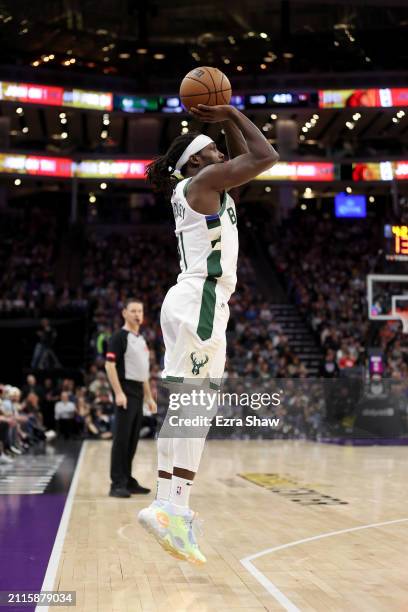 Patrick Beverley of the Milwaukee Bucks shoots the ball against the Sacramento Kings at Golden 1 Center on March 12, 2024 in Sacramento, California....