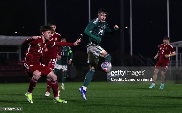 Ceadach O'Neill of Northern Ireland controls the ball during the Under-17 EURO Elite Round match between Hungary and Northern Ireland at St George's...