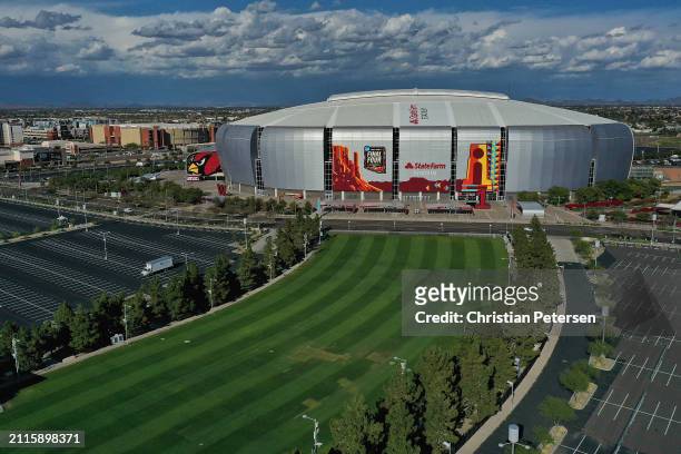 In an aerial view, State Farm Stadium is shown ahead of the NCAA Men's Final Four Tournament on March 26, 2024 in Glendale, Arizona. The men's Final...