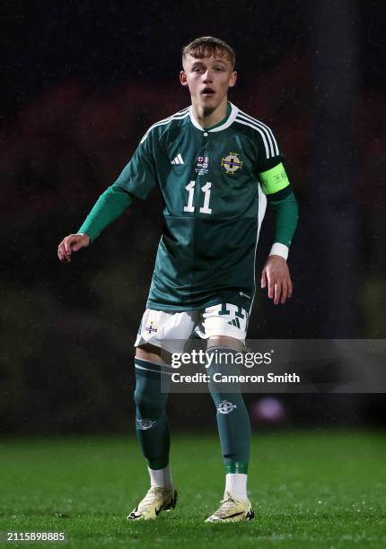 Cole Brannigan of Northern Ireland looks on during the Under-17 EURO Elite Round match between Hungary and Northern Ireland at St George's Park on...